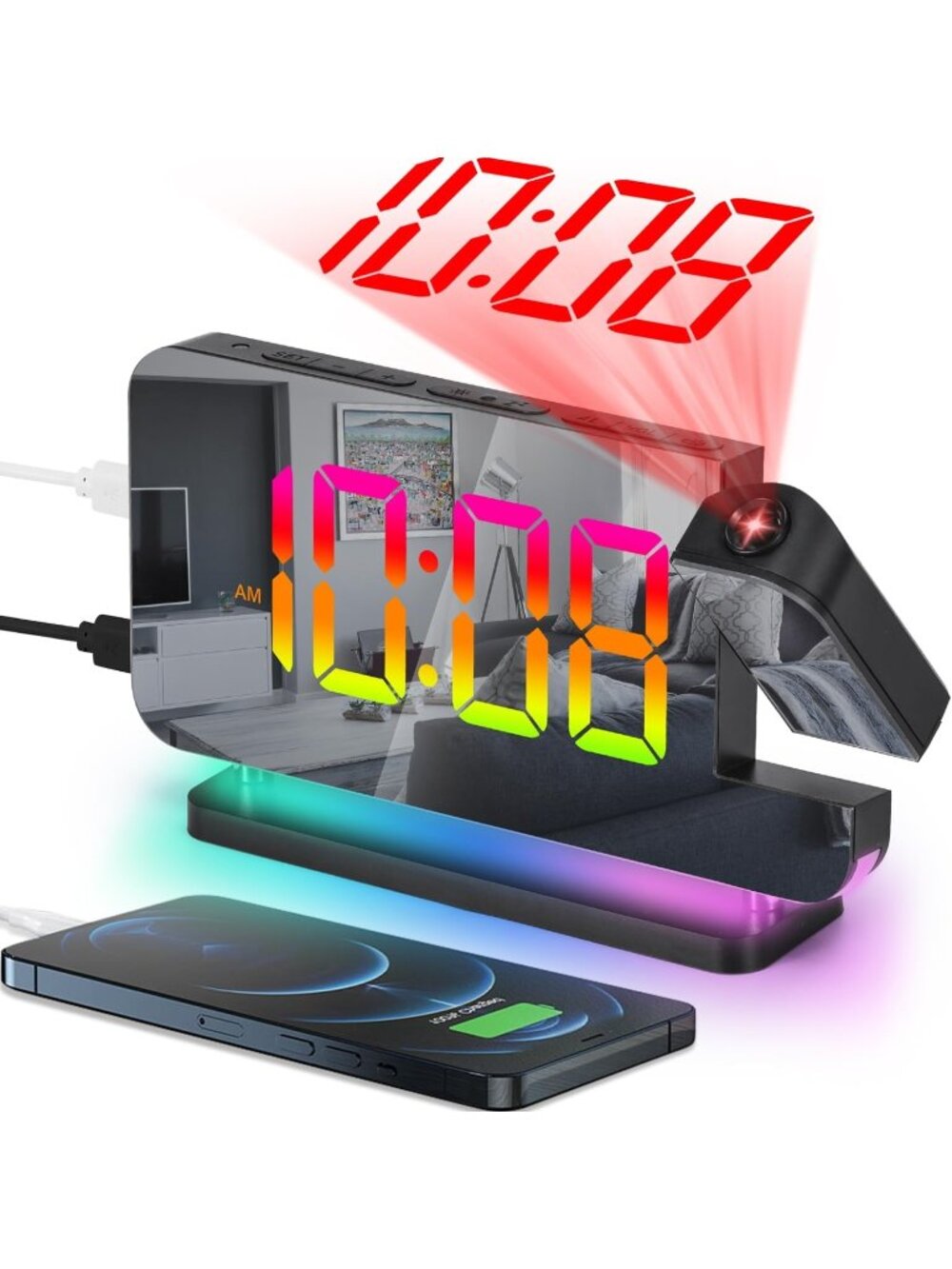 New Projection Alarm Clock, 7.4 in Digital Mirror Clocks
